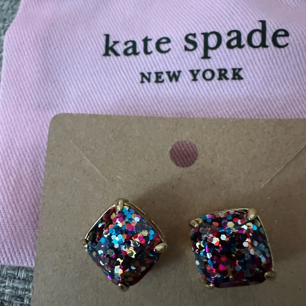 Kate Spade Multicolor Square Glitter Stud Earrings | Gold Setting - Dust Bag